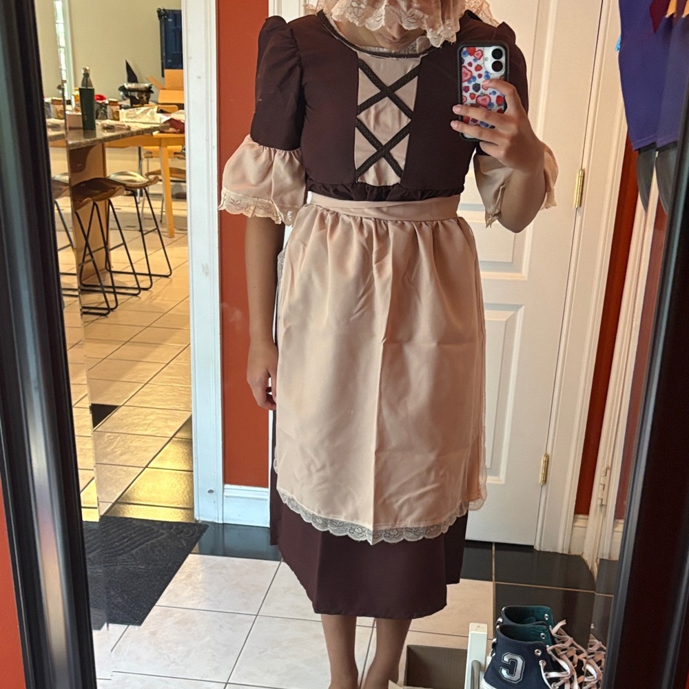 Colonial Girl Brown and Cream Dress with  Hat, Dress and Apron